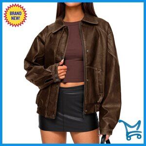 Faux Leather Jacket Oversized Moto Biker Retro Chic Winter Coat Women